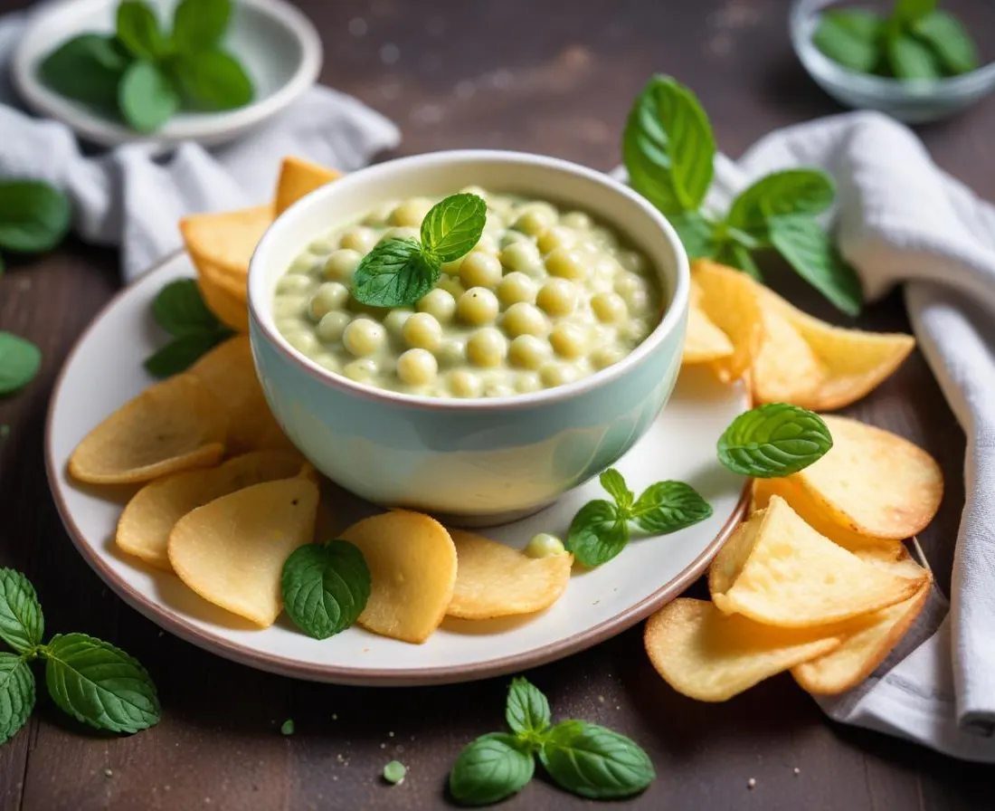 Crème de petits pois à la menthe et chips de parmesan