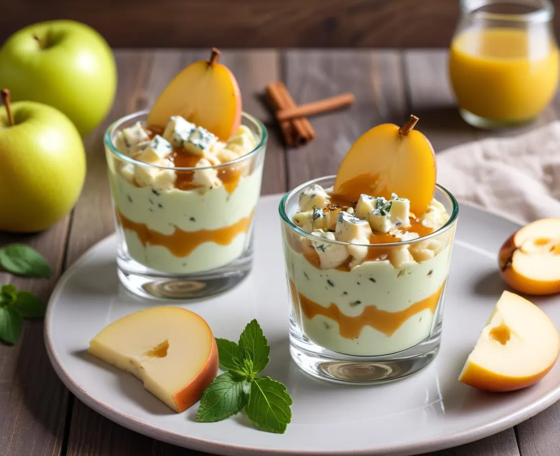 Verrine de roquefort, pomme verte et caramel balsamique
