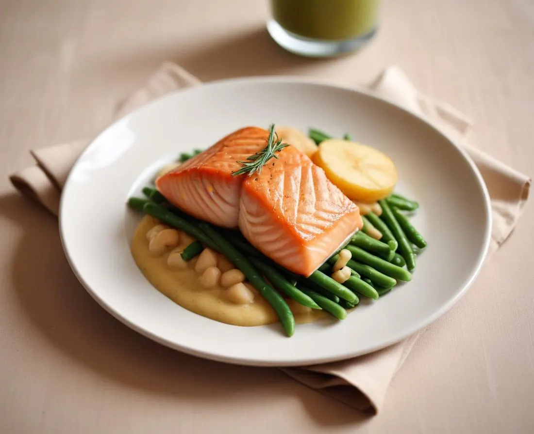 Filet de saumon poêlé, purée de pommes de terre nouvelles et haricots verts